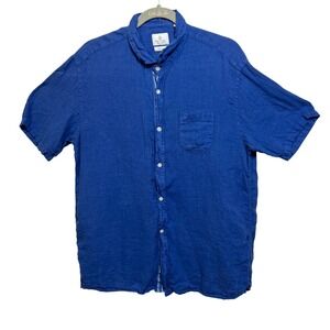 Serge Blanco Mens XL Royal Blue Linen Short Sleeve Button Down Shirt France